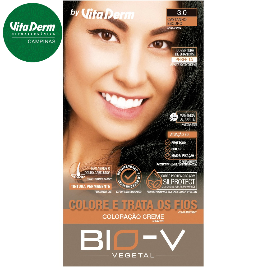 Coloração Vita Derm Bio V - Cor: 3.0 Castanho Escuro Tinta de Cabelo Hipoalergenico