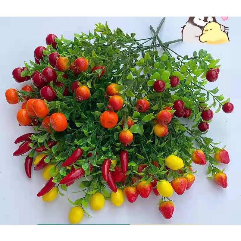 Galho com frutas artificiais unidade (morango, pimenta, cereja e cereja laranja) FR-569