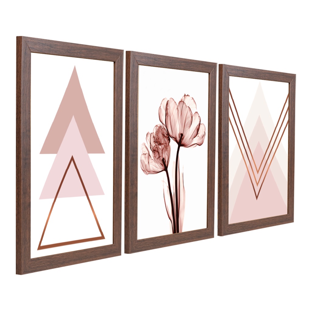 Quadro Decorativo Para Sala Moldura e Vidro A3 Geométrico Floral Rosê Quarto Feminino