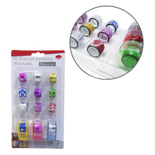 Fita Adesiva/Washi Tape Decorativa Com Glitter Colors + 3 Suportes Kit Com 15 Pecas 100X1,2Cm - Top rio