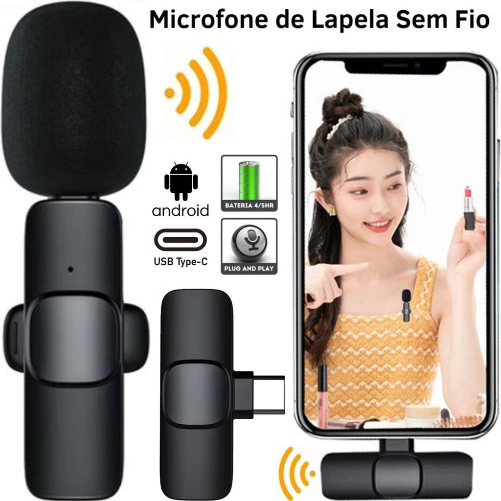 Microfone De Lapela Sem Fio Usb Tipo-C Profissional Para Smartphone Celular Blog Tiktok Video Aula
