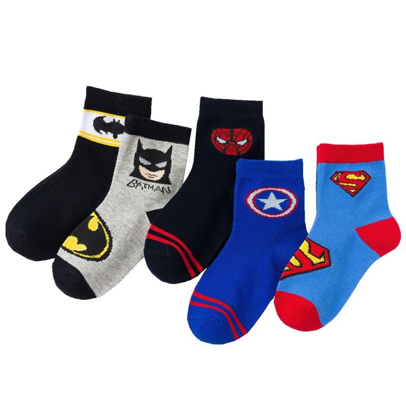 5 Pares De Meias Infantis De Algodão Com Motivos De Super-Heróis 1-3 - 5-8 Anos