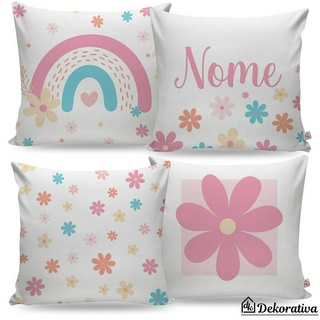 Kit de 4 capas para almofadas Floral e Arco-íris | Nome Personalizado | Almofada Quarto de Menina