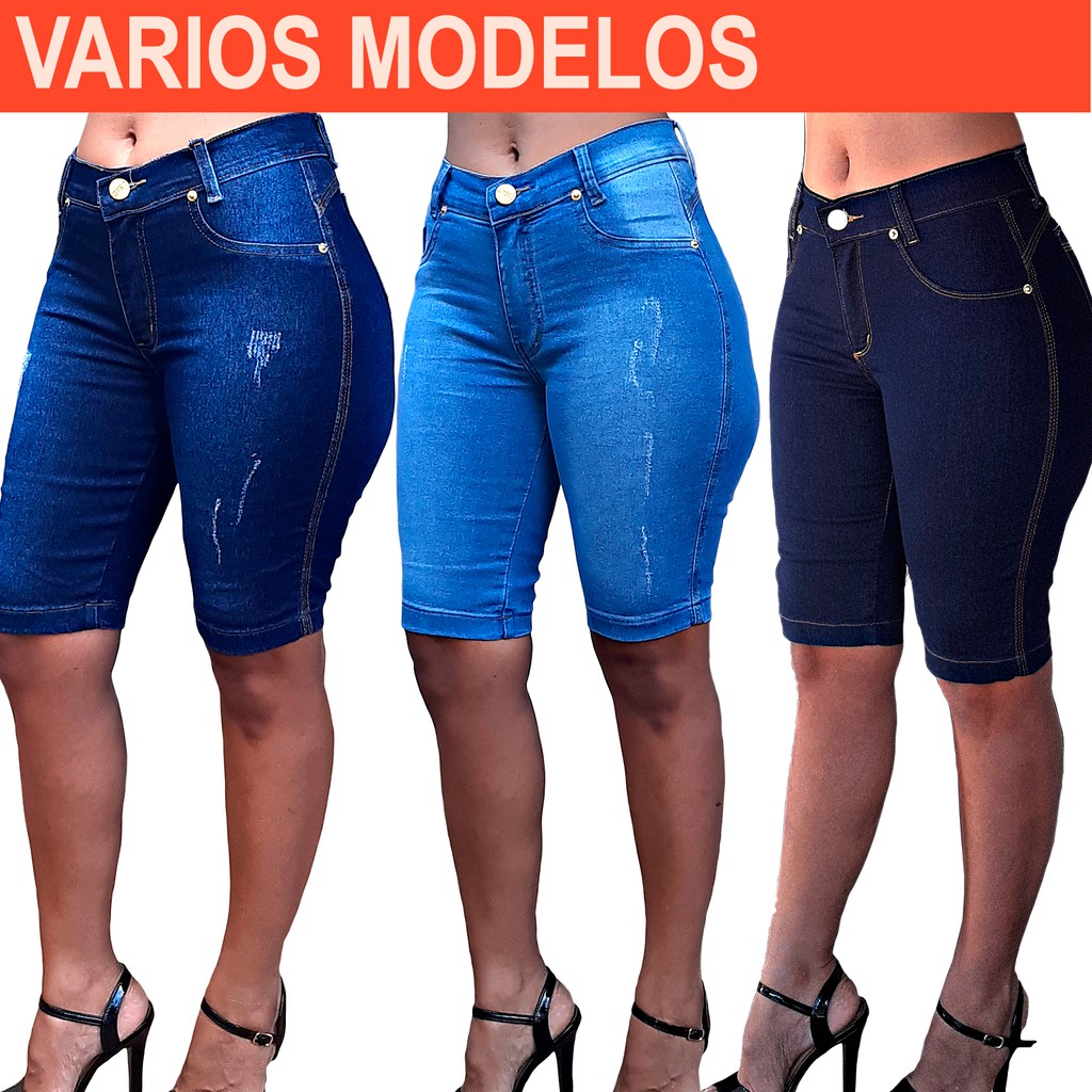 Bermuda Jeans Feminina Ciclista Lycra Elastano Tradicional Até o Joelho Cintura Alta