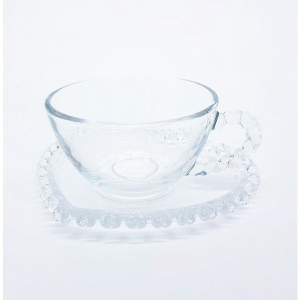 Xícara de Chá em Cristal Transparente c/ Pires e Borda Coração 170ml - Lyor