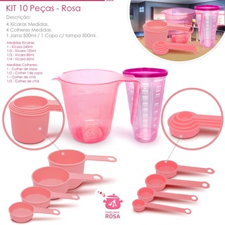 kit medidores 10 peças jarra de 500 ml copo de 500 ml com tampa xicara e colher  na cor rosa casa