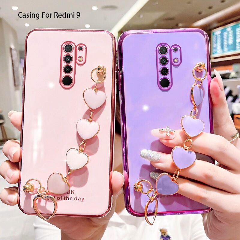 Carcaça para Xiaomi Redmi 8a 8 9 9a 9c Pulseira Amor Estilo Feminino Silicone Câmera Protetora Flexível Capa para Celular