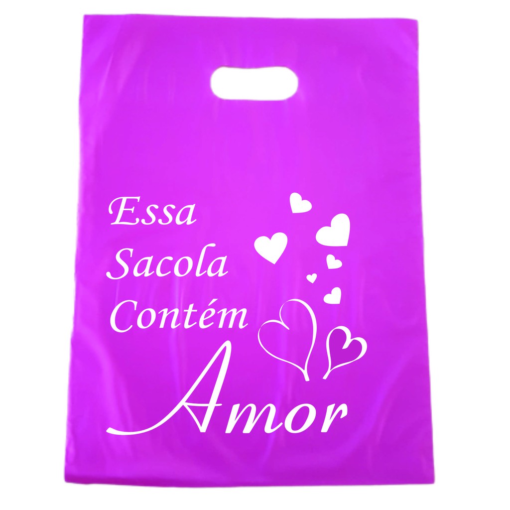 Sacola Plástica frase 20x30 essa sacola contem amor 25 unidades Alça Boca De Palhaço