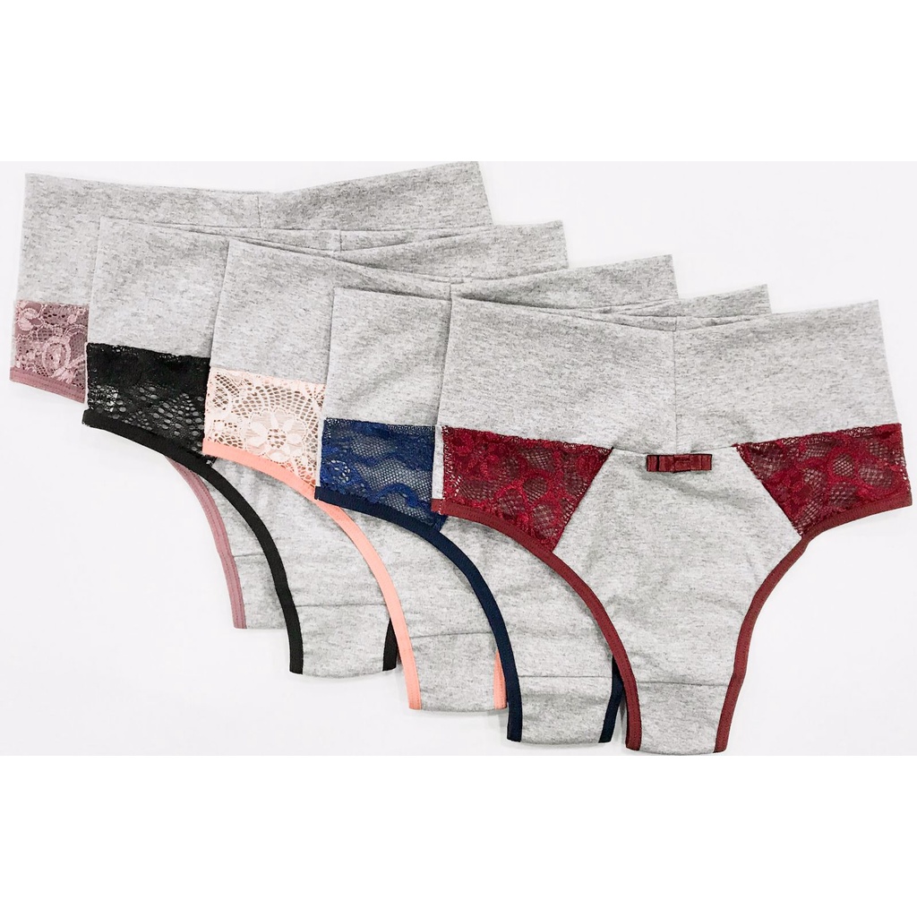 Kit 5 Calcinhas Cintura Alta Cós Alto em Algodão e Renda Feminina Conforto Laterais Largas em Oferta na Shopee