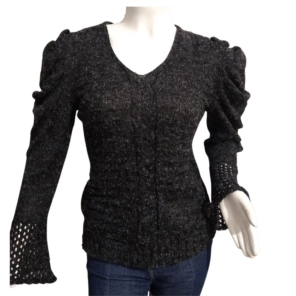 Blusa Trico Monte Sião Manga Longa Princesa Decote V Preto tricot mesclado tamanho m