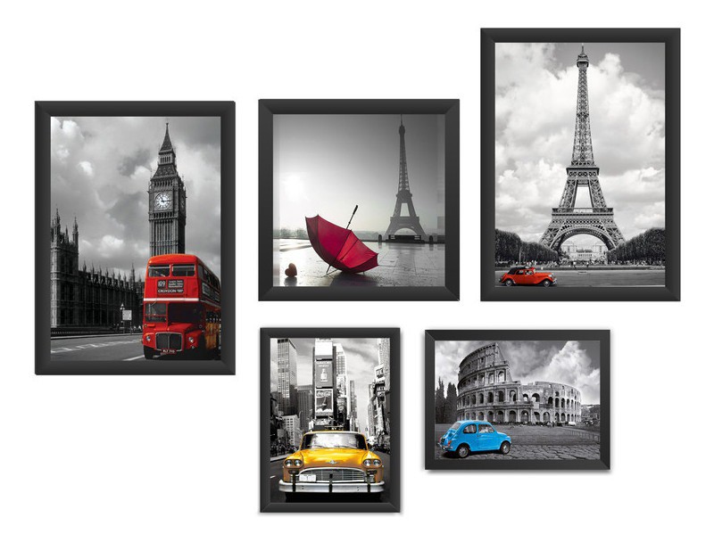 Kit 5 Quadros, Quarto, Sala, Paris, Roma, Londres, Vidro
