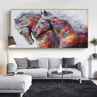 Quadro decorativo 1 peça 60x40 cavalos grafite coloridos para sala quarto