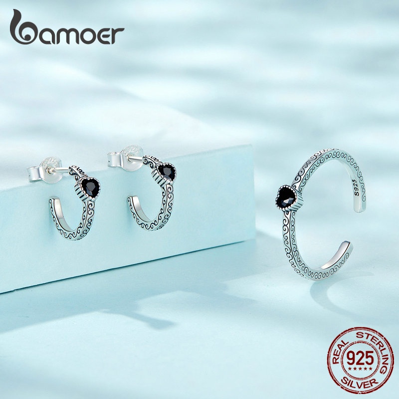 Bamoer 925 Conjunto De Joalheria De Prata Vintage Black Zircon Retro Série Brincos E Abertura Anel Presentes Para Mulheres - Fashion Accessories