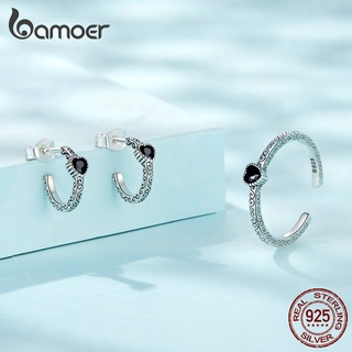 Bamoer 925 Conjunto De Joalheria De Prata Vintage Black Zircon Retro Série Brincos E Abertura Anel Presentes Para Mulheres
