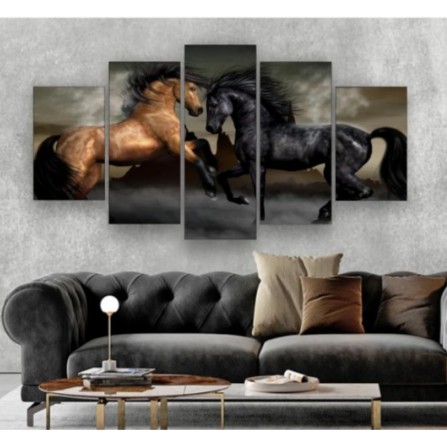 Quadro Cavalos Preto e Marrom Moderno 5 Peças Mosaico Mdf Para Sala Quarto Cozinha Loja