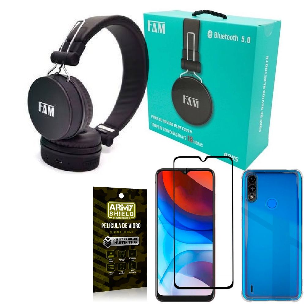 Kit Moto E7 Power Fone Bluetooth A095 + Capinha + Película 3D - Armyshield