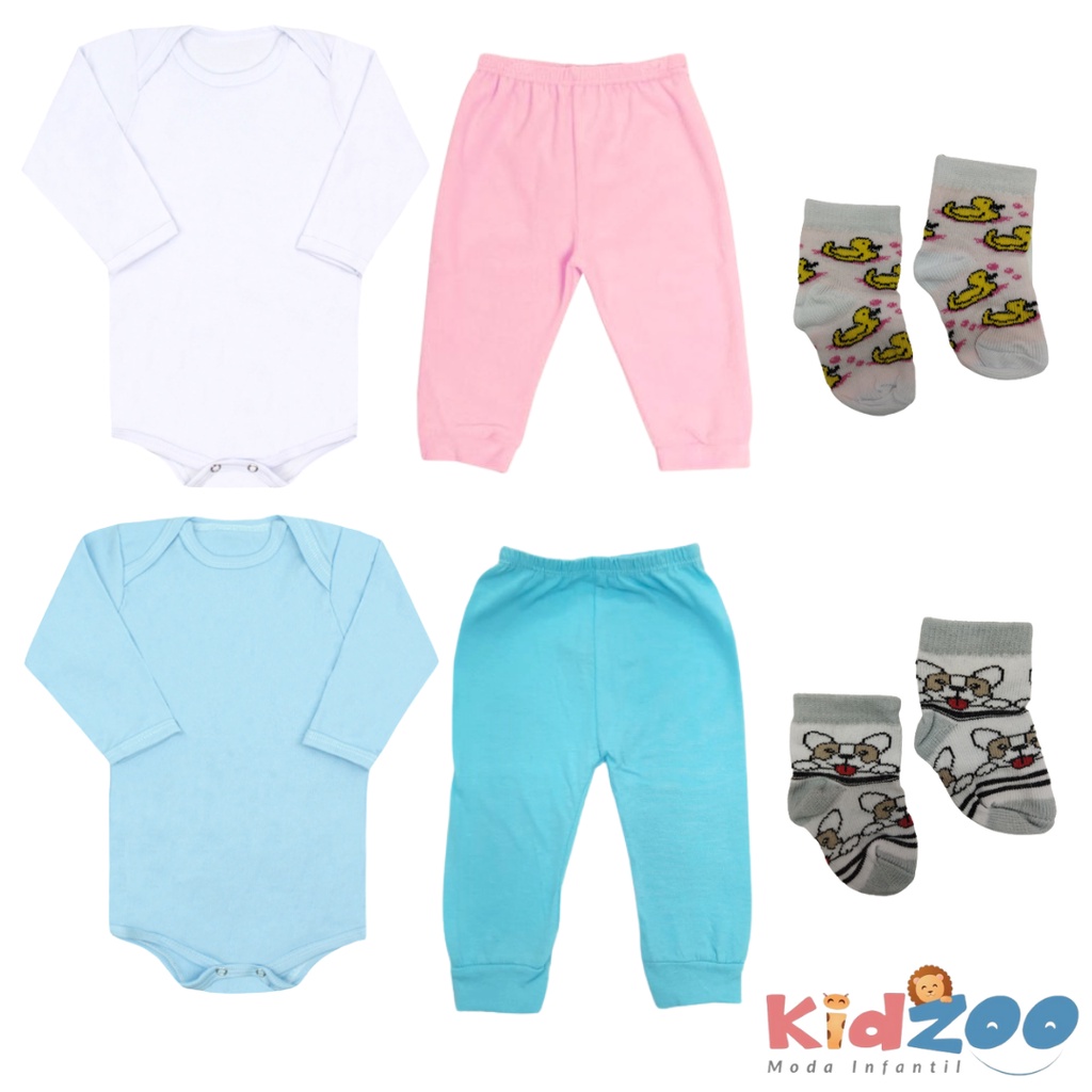 Kit 3 Pçs Body + Mijão + Meia RN/ Primeiros Meses /Enxoval Bebê Barato/ Roupas de Bebê