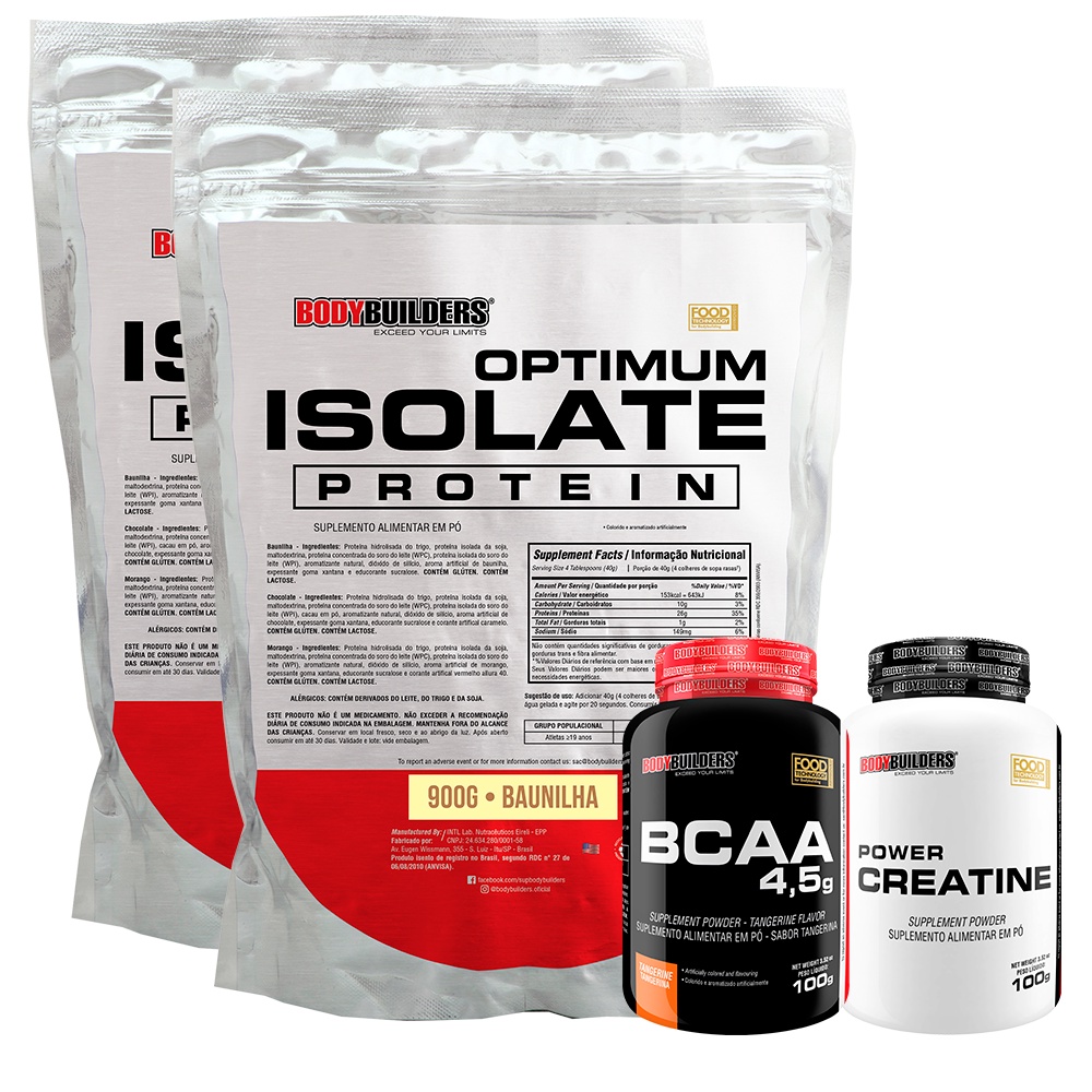 Kit 2x Whey Optimum Isolate Protein 900g + BCAA 4,5 100g + Power Creatina 100g - Bodybuilders em Oferta na Shopee