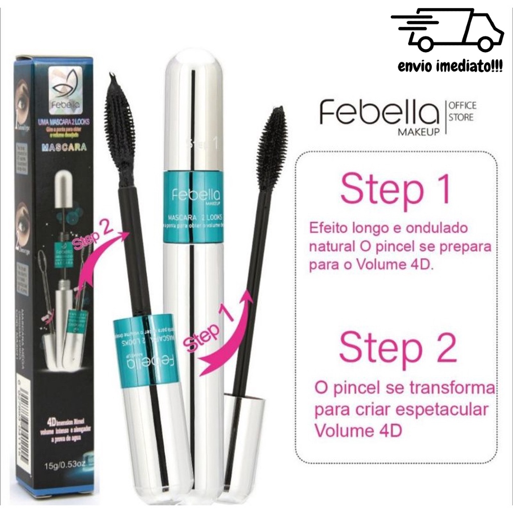 Rímel 4D Febella 2 em 1 - Uma Máscara 2 Looks Maquiagem