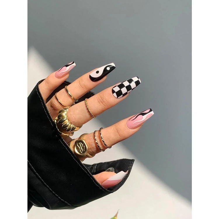 Kit Com 24 Unhas Postiças Yin Yang | Art Nail | Unhas Postiças Preta E Branca