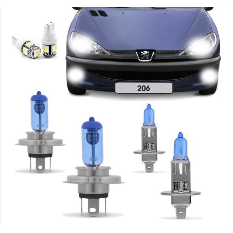 Kit Lampadas Peugeot 206 Super Brancas Farol H4 Milha H1 Farol de Foco Simples o