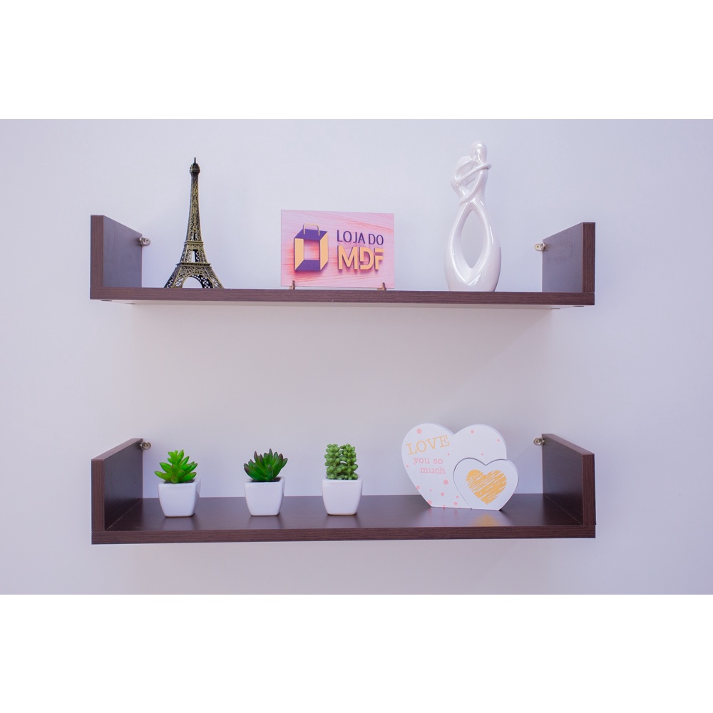 Kit 2 Prateleiras para quarto U Mdf 50x15 Tabaco Livros Revista Mdf 15mm Suportes Grátis 50x15cm
