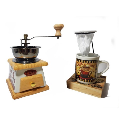 Moedor De Café + Mini Coador de pano decorado individual  com linda Caneca de Porcelana