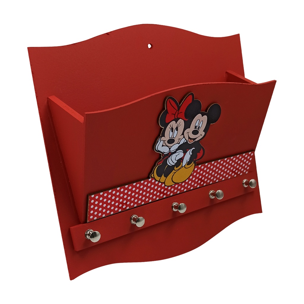 Porta Chaves e Cartas com Decoração de Mickey e Minnie - Feito em MDF com Design 3D - Disponível em Vermelho, Preto, Branco, Rosa Claro, Rosa Escuro - Perfeito para Organizar suas Chaves e Cartas na Cozinha ou Sala com Estilo e Diversão