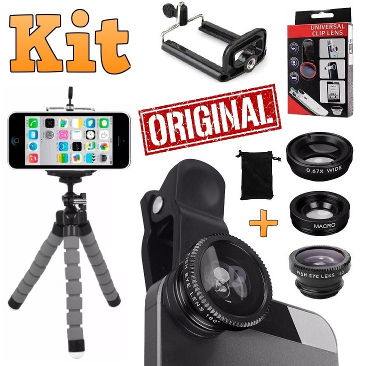 Kit Mini Tripé Flexível Octopus Para Câmera Celular + Kit de Lentes Olho Peixe Fisheye Macro Wide Foto Profissional Viagem Suporte Selfie Universal Iphone Android Youtuber