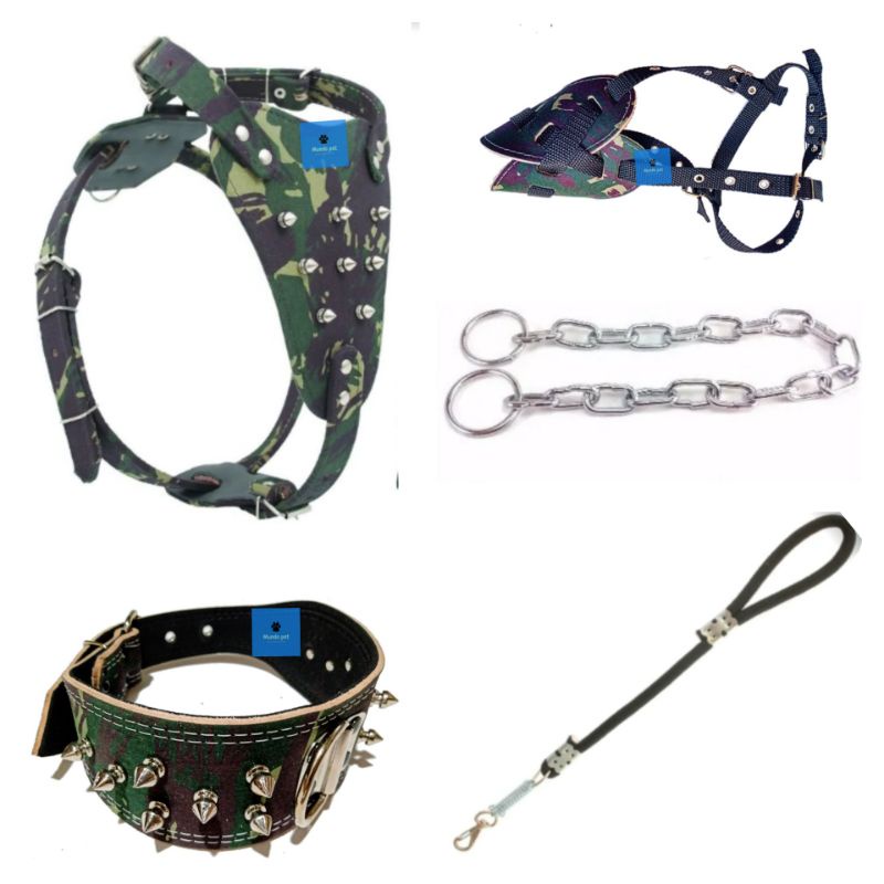 Kit Peitoral Pitbull Spike Couro + Coleira + Focinheira Corrente E Guia