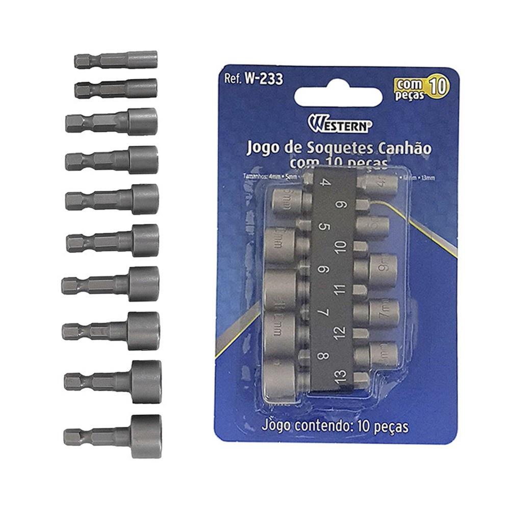 Jogo Kit de Bits Soquetes Canhão Parafusadeira 10 Peças 4 à 13mm Aço Carbono Parafusar Porcas