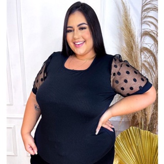 Blusa Plus Size Barata Blusinha Canelada Manga Princesa Tule Poá Bufante Moda Evangélica em Oferta na Shopee