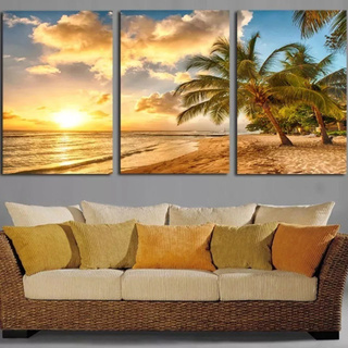 Quadro 3 Peças Praia Coqueiro Mar Por Do Sol Raio De Sol REF:045Ke