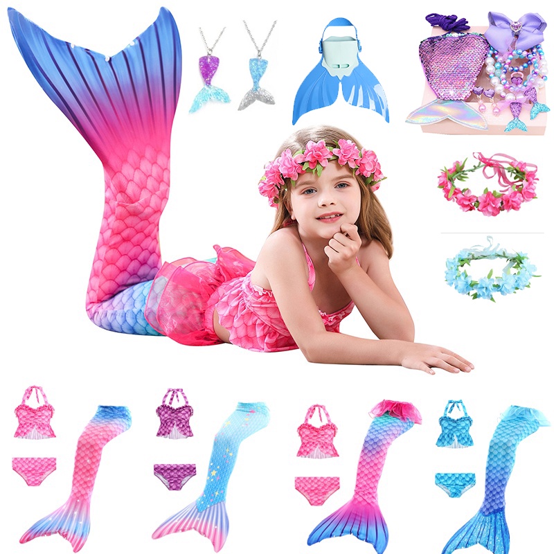 Compre 3pcs/set meninas sereia cauda maiô crianças a pequena sereia traje  cosplay roupas de praia terno de banho