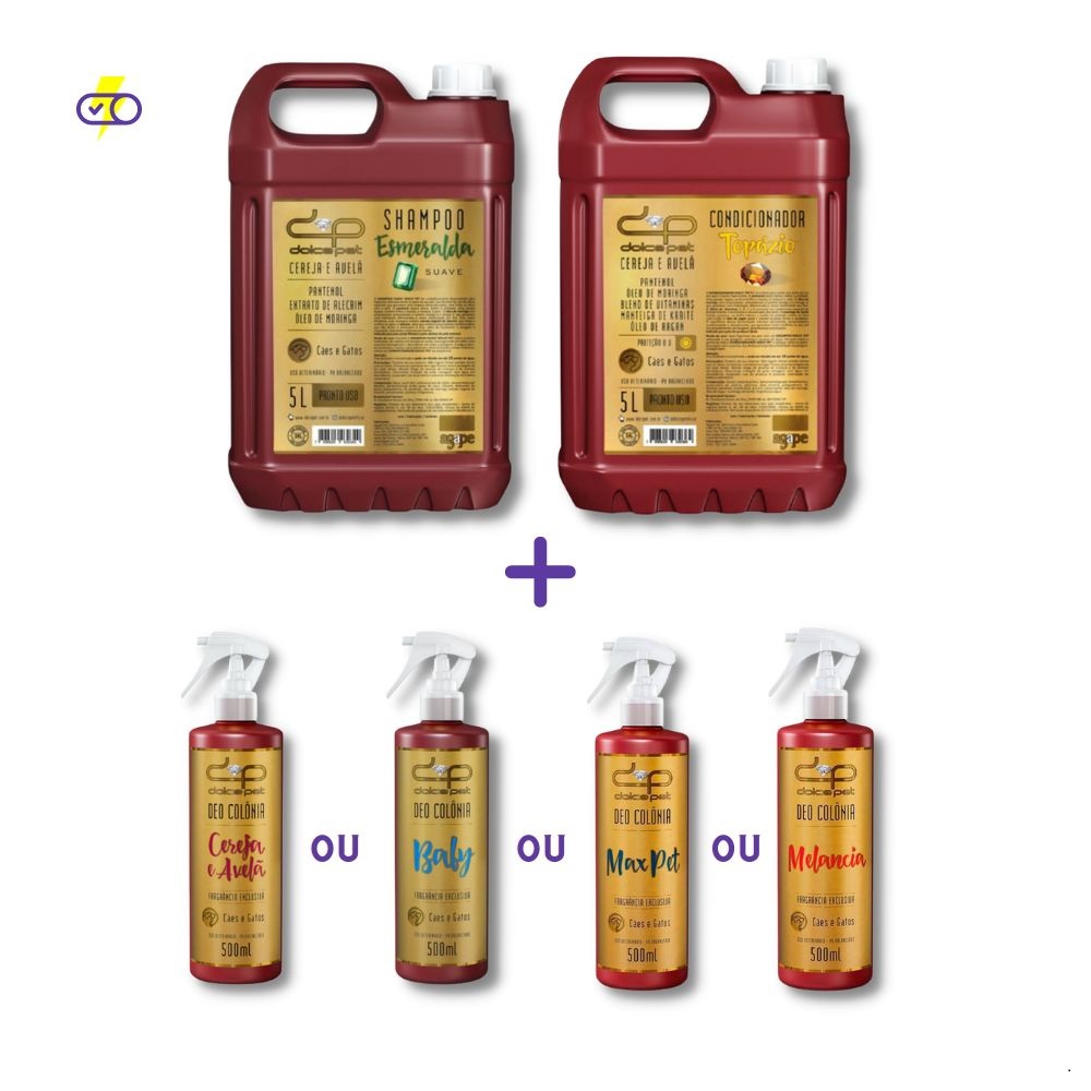 Kit Dolce Pet Shampoo Suave PU + Condicionador 5L + Perfume 500ml Cães e Gatos