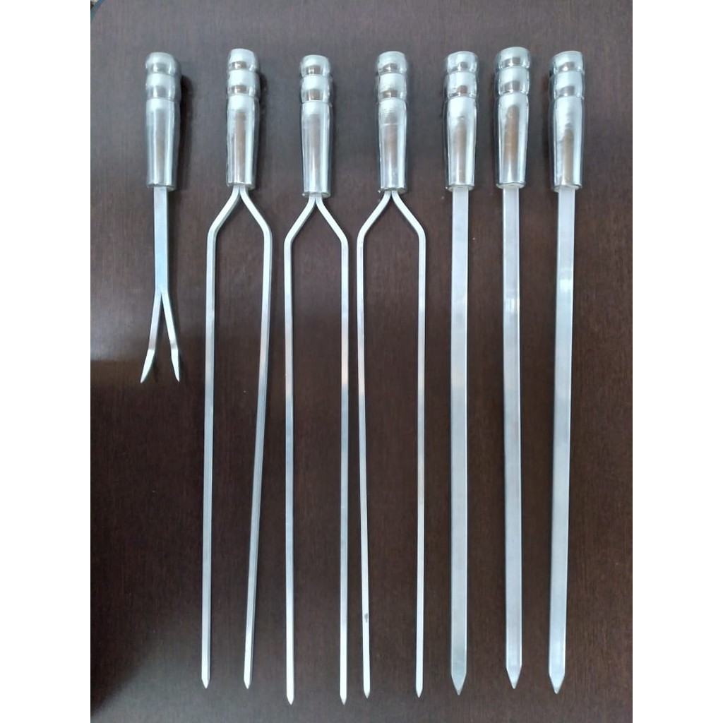 kit 6 espetos para churrasco de alumínio 60 CM(chato/duplo) + garfo de alumínio + suporte de espetos 25 cm