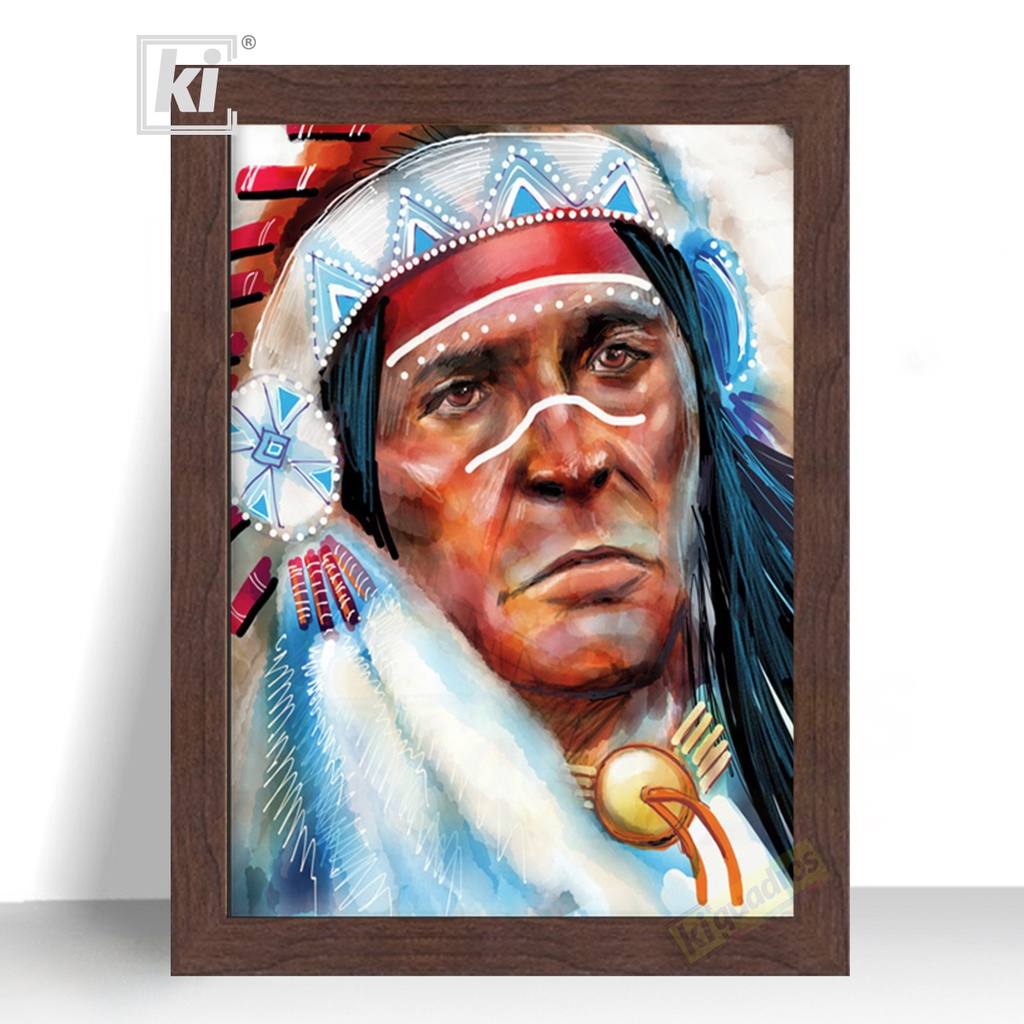 Quadro Decorativo Índio Cocar Rosto moldura 44cm