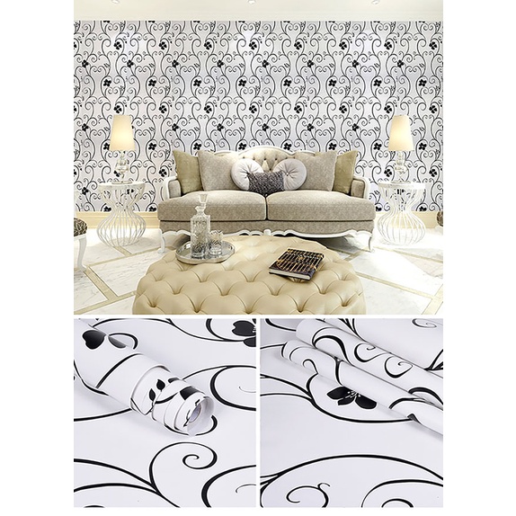 Papel De Parede Adesivo Lav vel Autocolante Floral Preto Com Branco 