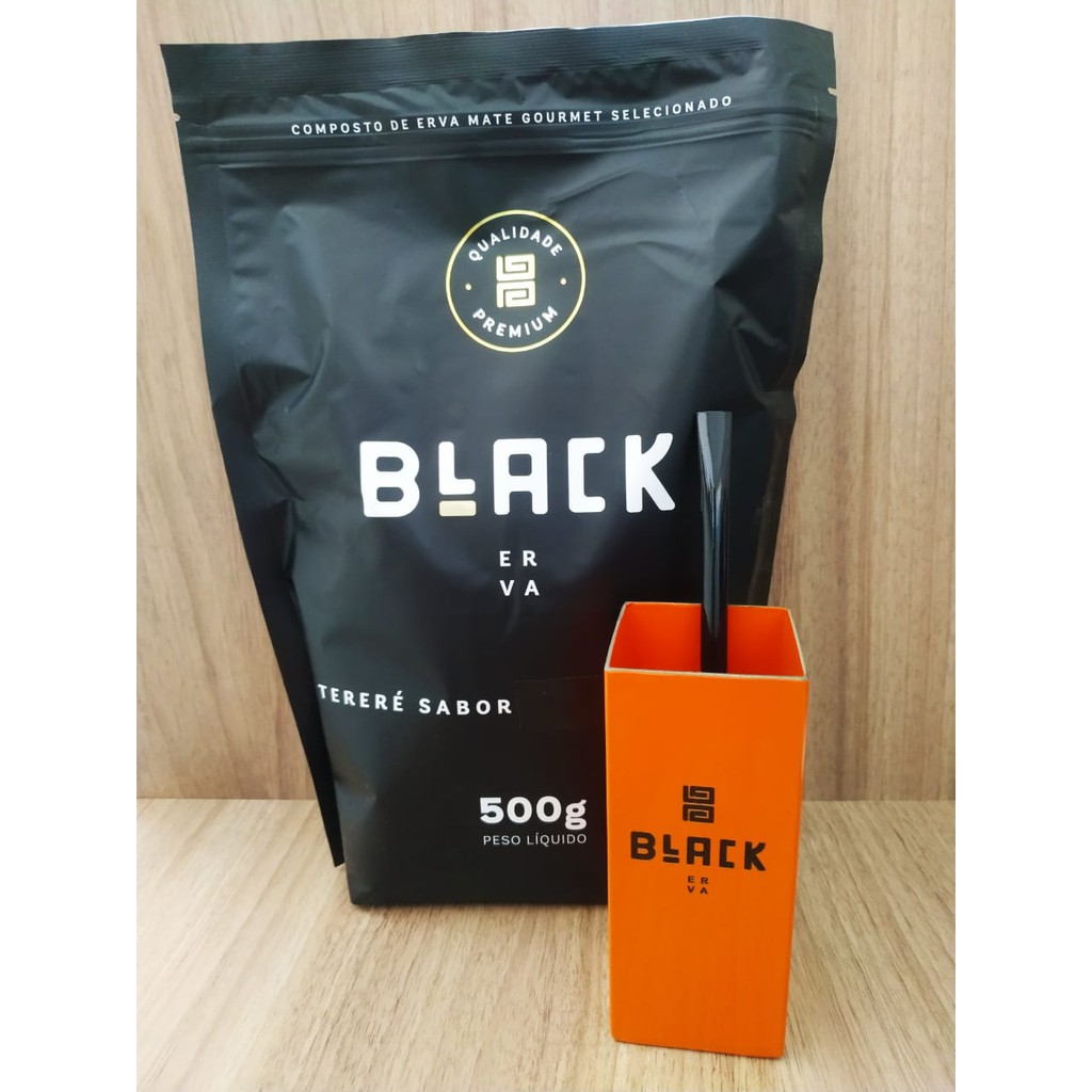 Kit Tereré Black Erva: Copo Cuia Quadrado Inox 250ml + Bomba Tradicional + Erva-Mate Black Erva 500g