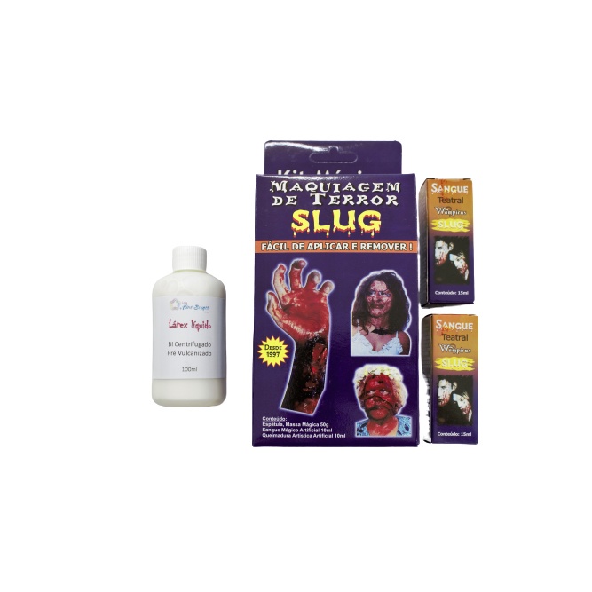 Kit Slug Maquiagem Terror/Halloween (Kit de Terror Slug + 1 Látex 100ml + 2 Sangue Teatral 15 ml)