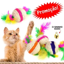 Bola de sisal Pet brinquedo para gatos com penas coloridas e sisal