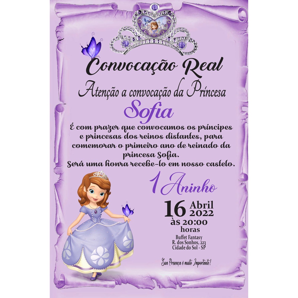 Convite de aniversário princesa Sofia Pergaminho