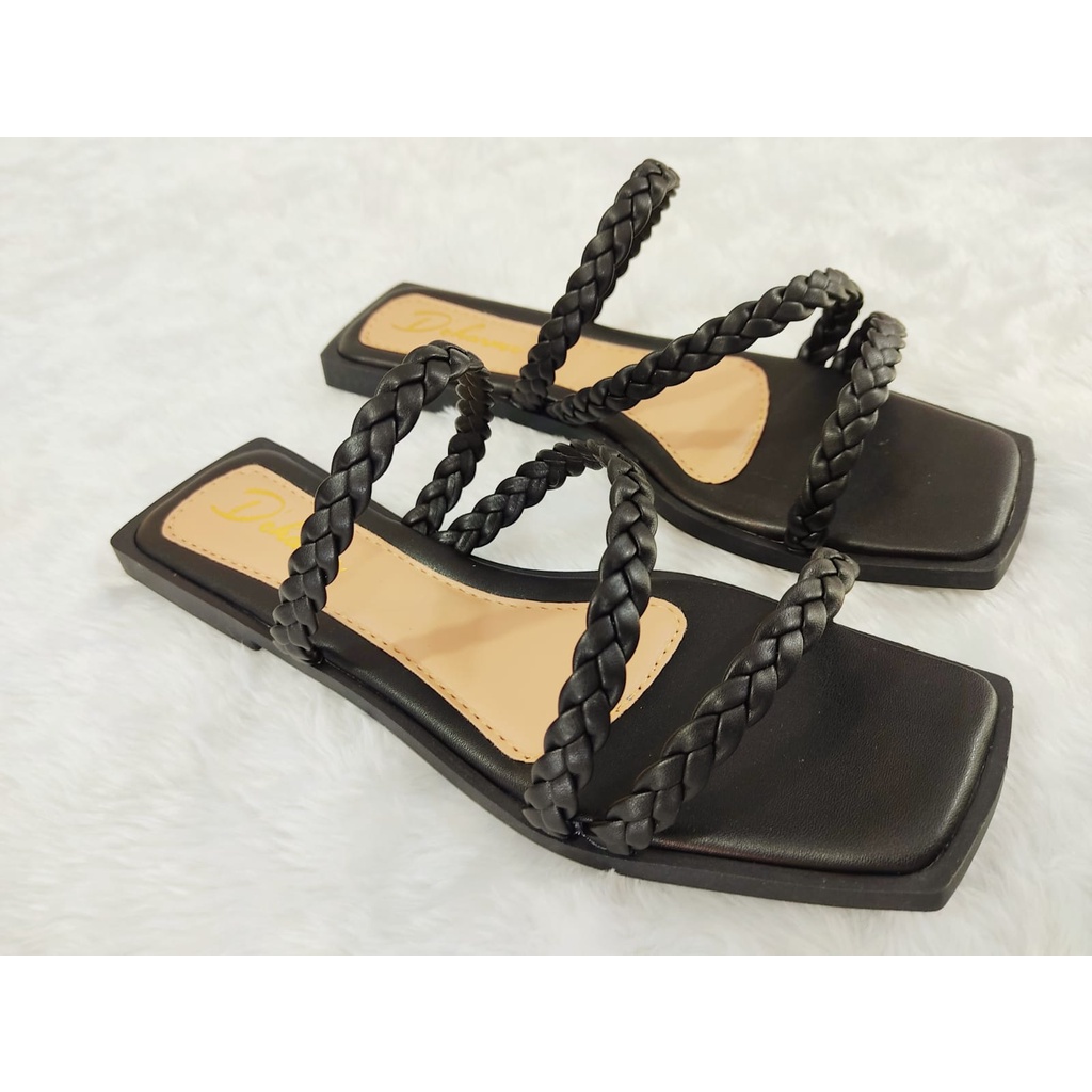 Sandália Rasteira Feminina Casual Flat de Tiras Quadrado Dourada Sapatos Femininos