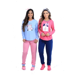 Roupa De Dormir Pijama Feminino Conjunto Blusa Longa Estampada Calca De Inverno Em Poliester