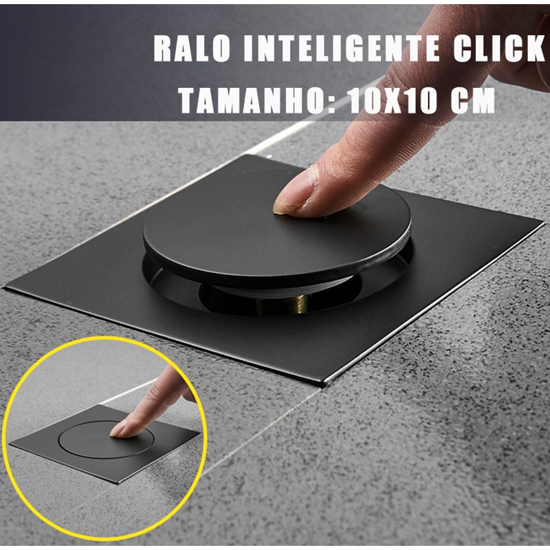 Kit 1 e 2 Unidades - Ralo Inteligente Click De Banheiro 10x10 CM Pop Up INOX  Preto Quadrado Veda Cheiro