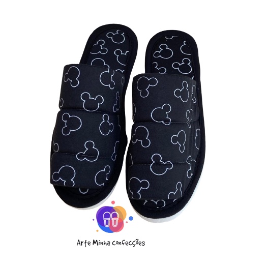 Pantufa Chinelo De Quarto unissex com estampa de Minnie PRETA ABERTO, Em Tecido Malha, Solado Flexível, Conforto para Casa ou Maternidade- estampada