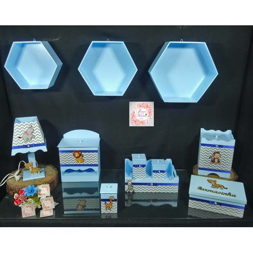 Kit de Higiene Bebe 8 Pçs + 3 Nichos Colmeia Safari Azul Bb Chevron cinza