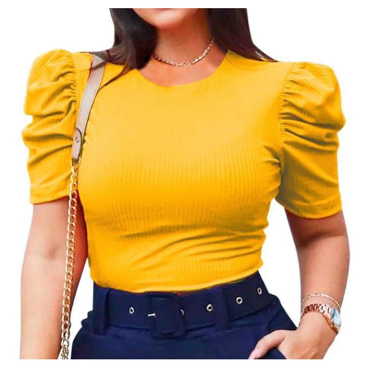 Blusa feminina manga curta princesa malha canelada c/ elastano gola redonda