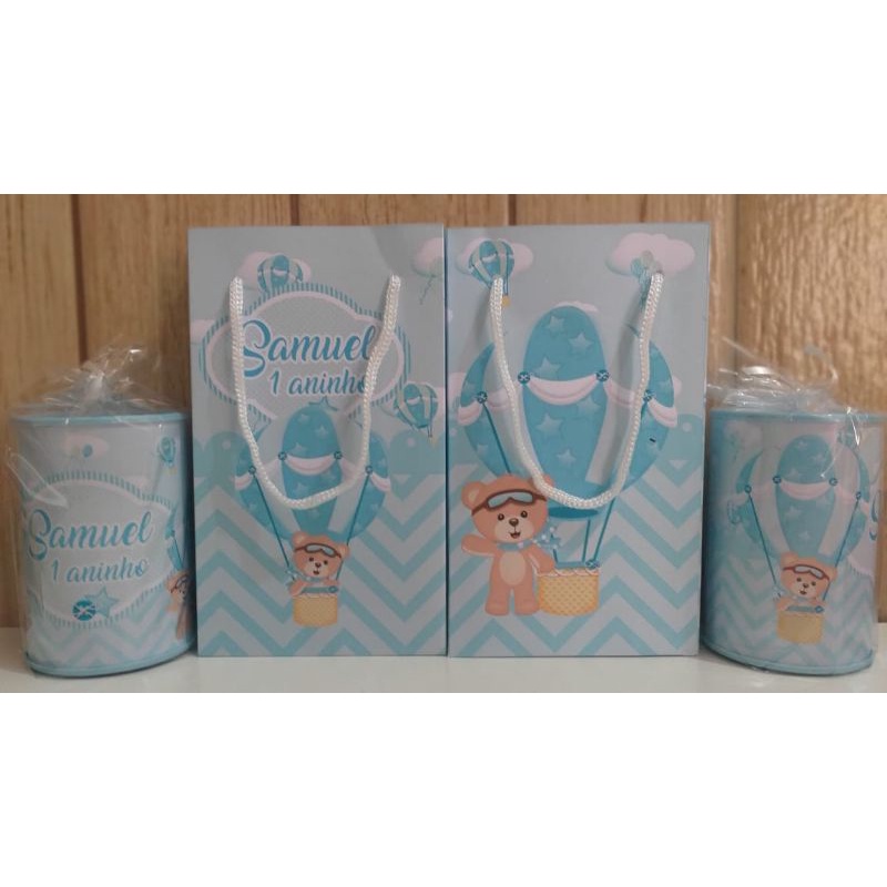 Kit Lembrancinha Personalizado - Sacolinhas e Cofrinhos Ursinho Baloeiro