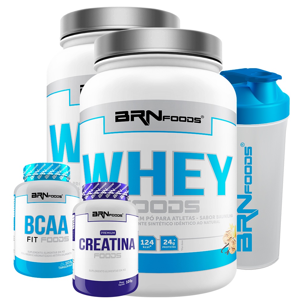 Kit 2x Whey Protein Foods 900g + BCAA Fit Foods + Creatina 100g + Coqueteleira – BRNFOODS